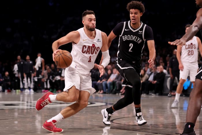 Oct 25, 2023; Brooklyn, New York, USA; Cleveland Cavaliers guard Max Strus (1) drives to the basket against Brooklyn Nets forward Cameron Johnson (2) during the second quarter at Barclays Center. Mandatory Credit: Brad Penner-USA TODAY Sports